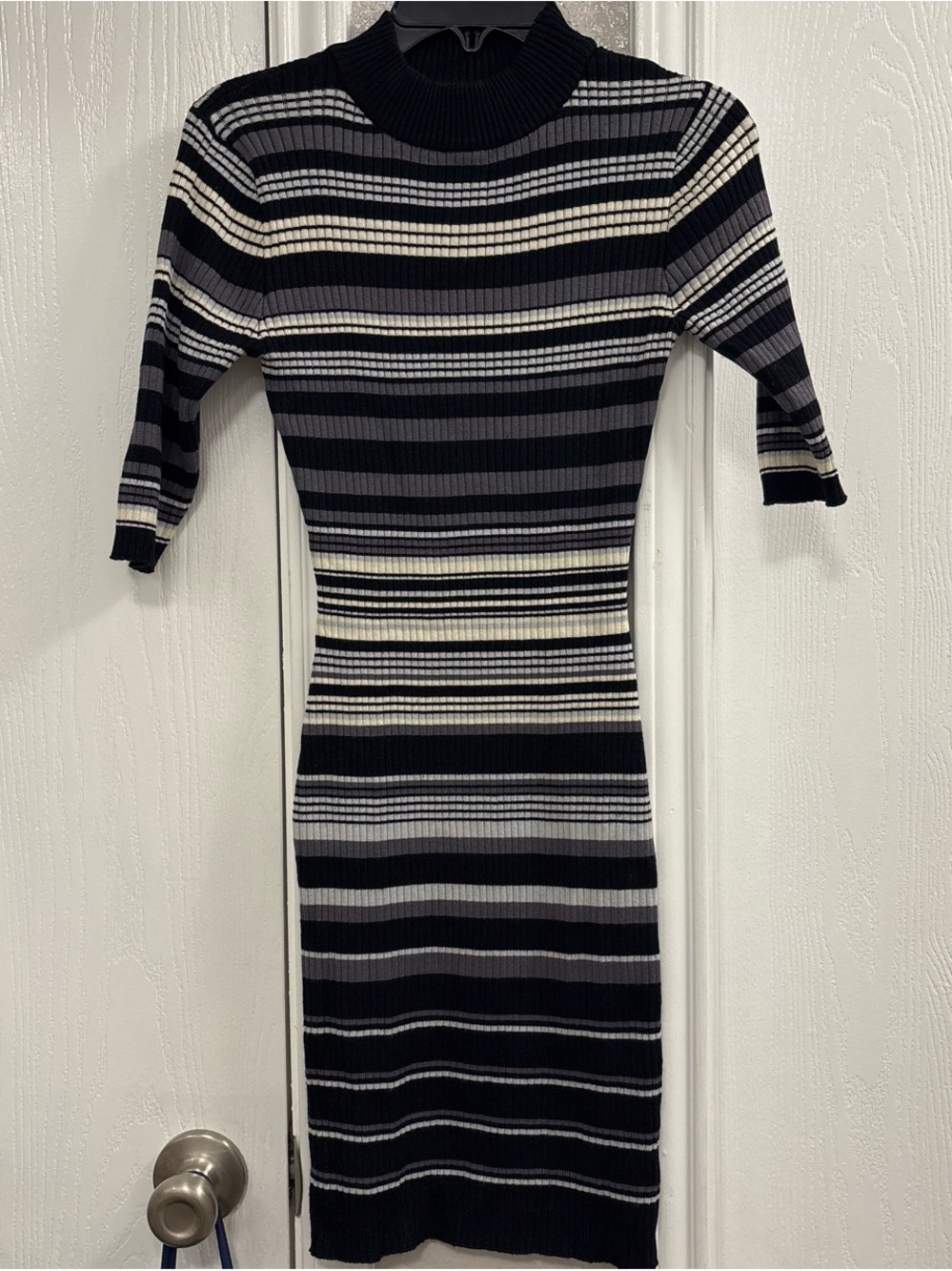 No Boundaries Striped Ribbed Midi Dress in Black, Gray, and Cream
